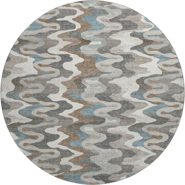 Mayfield Premium Machine Washable Abstract AMF2481 Ivory 8 ft. x 8 ft. Round Rug