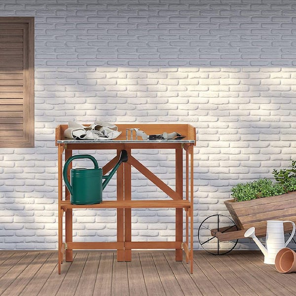 Unbranded 33 in. W x 35 in. H Brown Wood Outdoor Garden Potting Bench Table, Folding Workstation with Metal Tabletop Storage Shelf