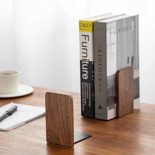 Afoxsos 2-Piece Walnut Brown Heavy Duty Wooden Bookend with Non-Slip Foam Base, Sturdy L-Shaped Support for Shelves and Books