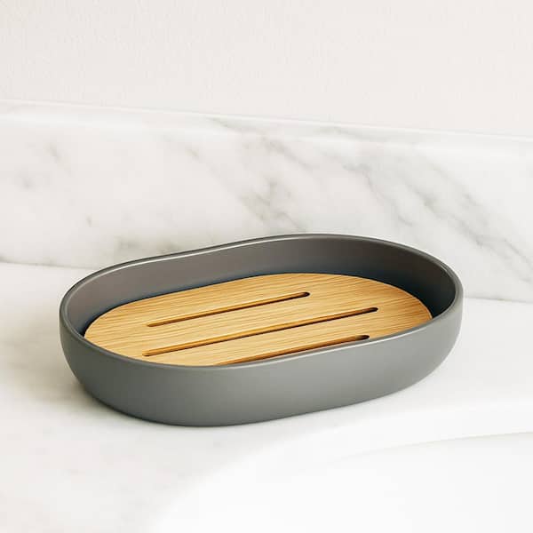 Padang Freestanding Soap Dish with Bamboo Tray Gray