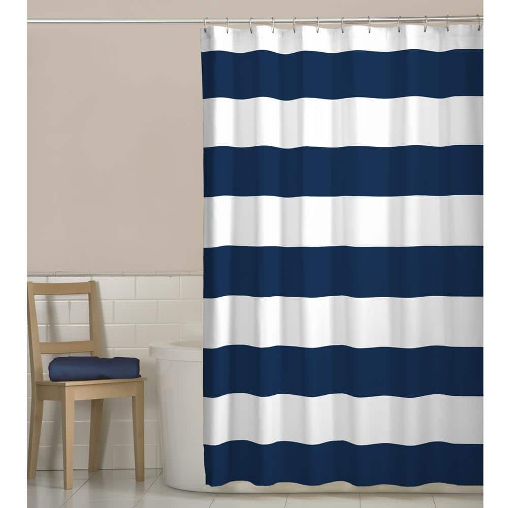 Navy and White Polyester Stripe Shower Curtain with Liner