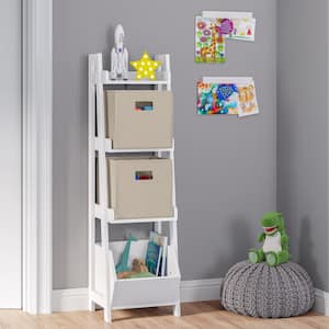 13 in. W White Kids 4-Tier Ladder Shelf with Toy Organizer