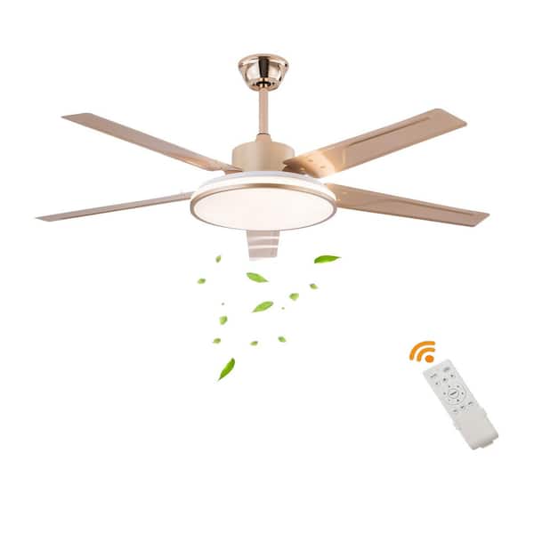 OUKANING 52 in. Indoor Gold Modern 6-Speed Ceiling Fan with Adjustable White Integrated LED, Reversible Motor and Remote