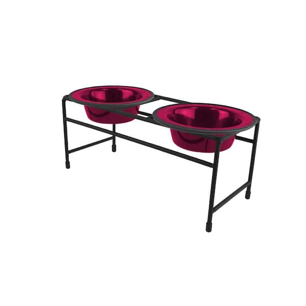 Platinum Pets .75 Cup Modern Double Diner Feeder with Cat/Puppy Bowls, Raspberry Pop