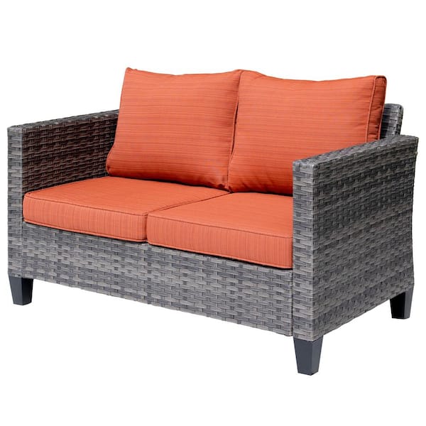 XIZZI Libra Wicker Outdoor Patio 2 Seat Sofa Couch with Oranged Red Cushions