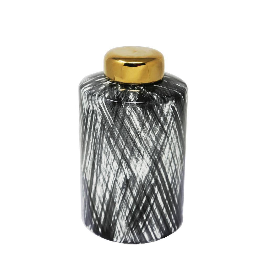 10" Black and White Ceramic Ginger Jar with Gold Lid