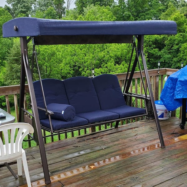 3-Person Steel Metal Patio Swing with Foldable Side Table, Canopy and Cushions, Navy Blue
