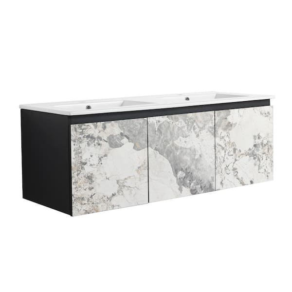 Dimakai 48 in. W x 18.30 in. D x 17.30 in. H Dual Sink Wall-Mounted Bath Vanity in White Marble Pattern with White Ceramic Sink