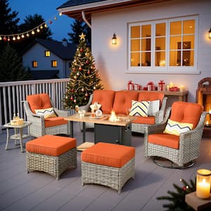 Denver 7-Piece Wicker Outdoor Patio Conversation Sofa Set with Swivel Chairs, a Storage Fire Pit and Orange Red Cushions