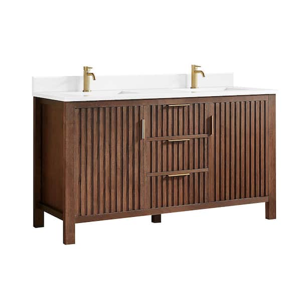Shenzhen 60 in.W x 22 in.D x 33.9 in.D Double Bath Vanity in Aged Dark Brown Oak with White Engineered Stone Top