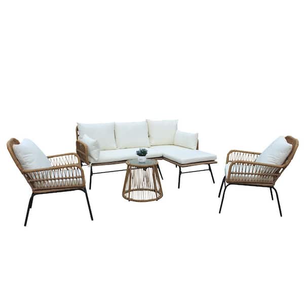 Unbranded 6-Piece Wicker Outdoor Sectional Set with Beige Cushion And Round Tempered Glass Table