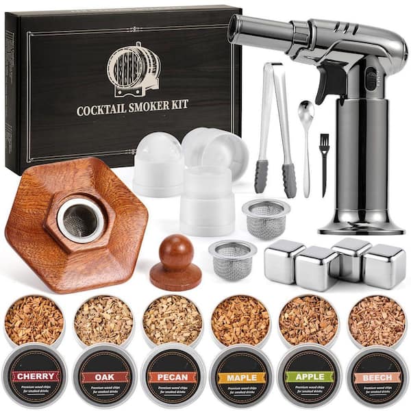 Brown Wood Cocktail Smoker Kit with 6 Flavors Wood Chips for Whiskey and Bourbon Drinks (No Torch)