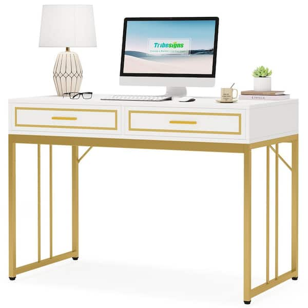 47 Modern Rectangular White Writing Desk with Gold Metal Base Wooden Home Office Desk with Drawer