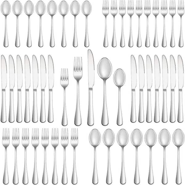 50-Piece Modern Silver Stainless Steel Kitchen Mirror Polished Flatware Cutlery Set (Service for 10)