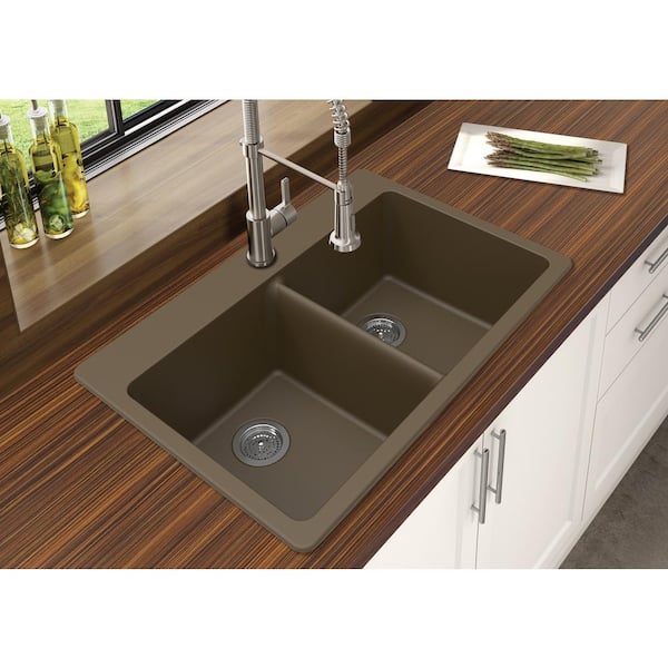 Dual Mount Granite Composite 25 in. L x 22 in. L x 9-1/2 in. 0-5 Faucet Hole Single Bowl Kitchen Sink in Mocha Dual Mount Granite Composite 25 in. L x 22 in. L x 9-1/2 in. 0-5 Faucet Hole Single Bowl Kitchen Sink in Mocha