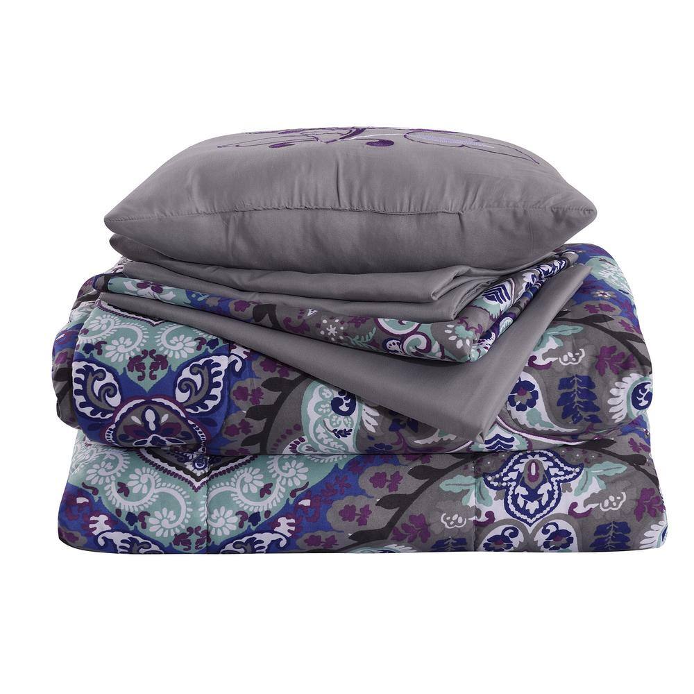 Queen Purple Microfiber Reversible Bed in a Bag Set