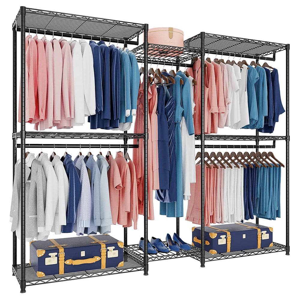 Black Metal Garment Clothes Rack with Shelves 74.8 in. W x 76.8 in