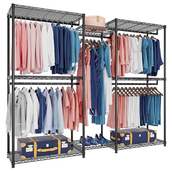 Black Metal Garment Clothes Rack with Shelves 74.8 in. W x 76.8 in