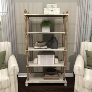 5 Shelf Wood Stationary White Distressed Open Shelving Unit with Brown Spindle Sides and Ball Feet