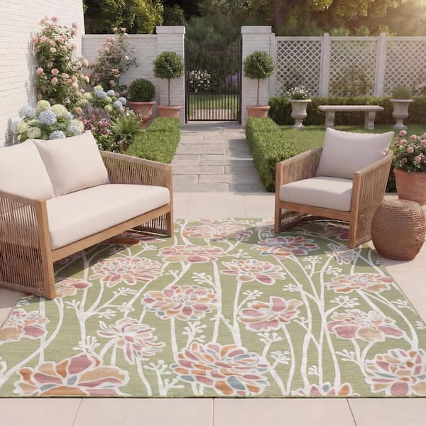 Cabana Green/Pink 8 ft. x 10 ft. High-Low Floral Abstract Indoor/Outdoor Area Rug