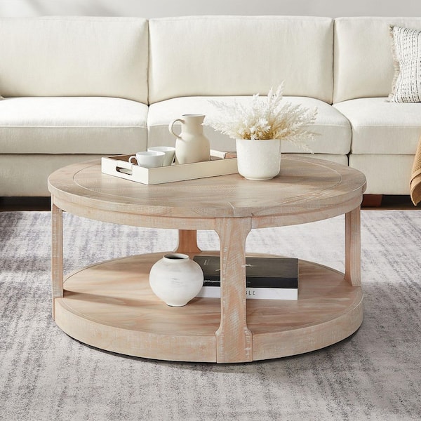 Corentine 40 in. Oak Round Shape Wood Top Coffee Table, Rounded Table with Wheels