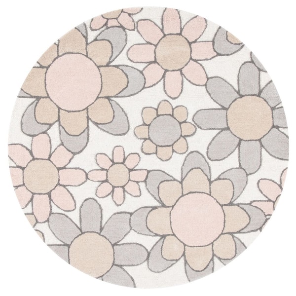 Kids 5 ft. x 5 ft. Ivory/Pink Oversized Floral Round Area Rug