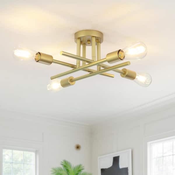 LWYTJO 18.5 in. 4-Light Gold Dimmable Sputnik Linear Chandelier Semi Flush Mount Chandelier for Living Room Dining Room Foyer