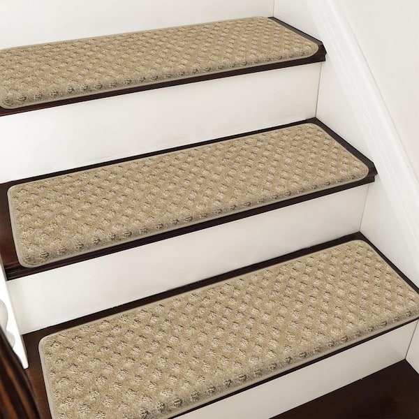 PURE ERA Mini Diamond Khaki 9.5 in. x 30 in. x 1.2 in. Bullnose Indoor Non-slip Carpet Stair Tread Cover Tape Free (Set of 14)