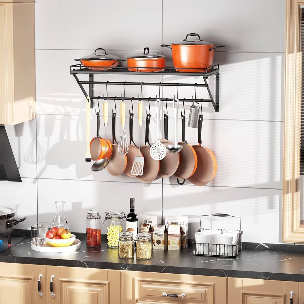 31.5 in. Black Wall Mounted Pot Rack Storage Shelf with 2 Tier Hanging Rails, 14 S Hooks for Pans, Utensils, Cookware
