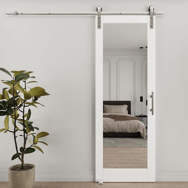 30 in. x 84 in. 1-Lite Mirrored Glass White Primed MDF Sliding Barn Door with Hardware Kit Nickel Plated