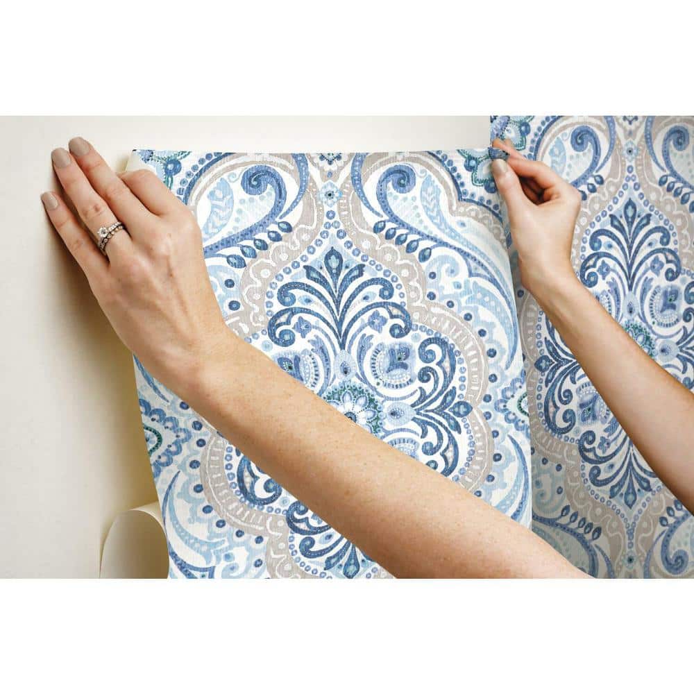 Blue and Tan Bohemian Damask Peel and Stick Wallpaper