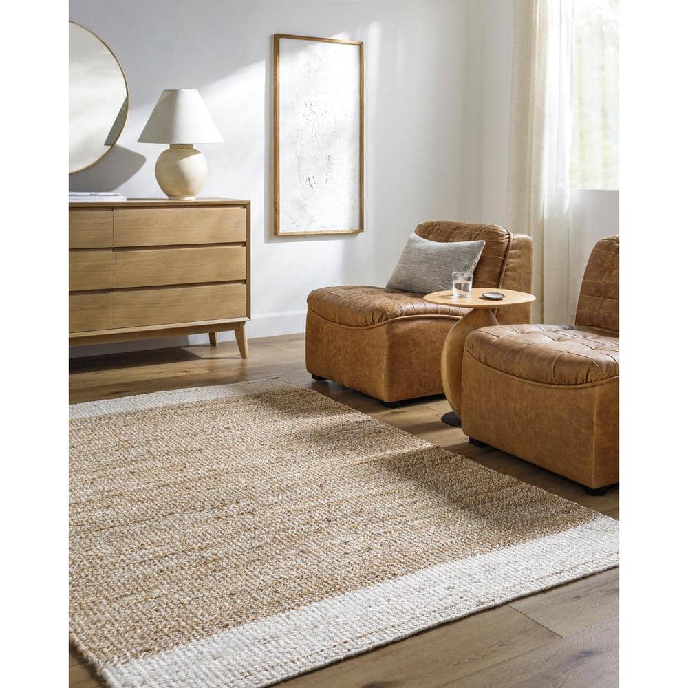 Handwoven Beige and White Jute Rectangular Area Rug
