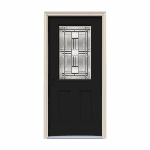JELD-WEN 34 in. x 80 in. 1/2 Lite Cordova Black Painted Steel Prehung Right-Hand Inswing Front Door w/Brickmould