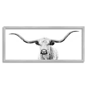 Longhorn Cattle Gazing Modern White Photography Design Design By PHBurchett Framed Animal Art Print 30 in. x 13 in.