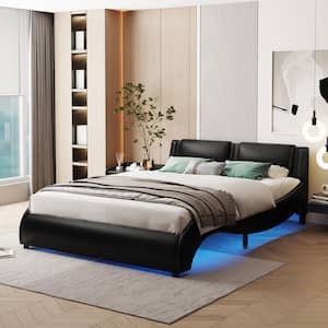 Black Wood Frame Full Size Upholstered Platform Bed with LED Lights Underneath, Faux Leather Wave Like Led Bed Frame
