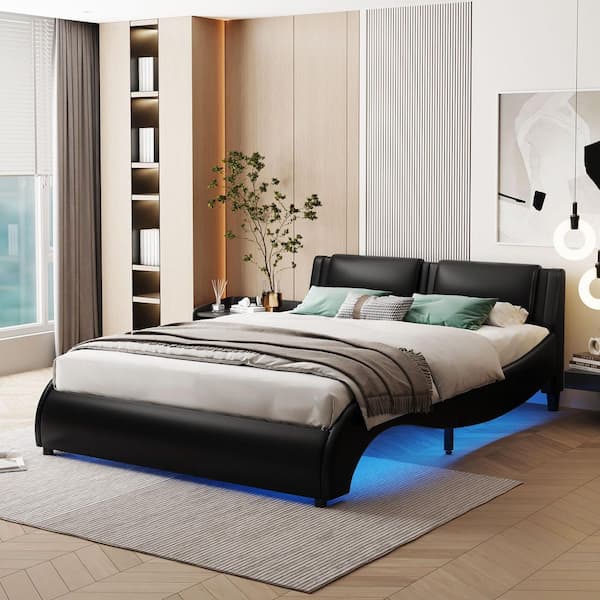 URTR Black Wood Frame Full Size Upholstered Platform Bed with LED ...