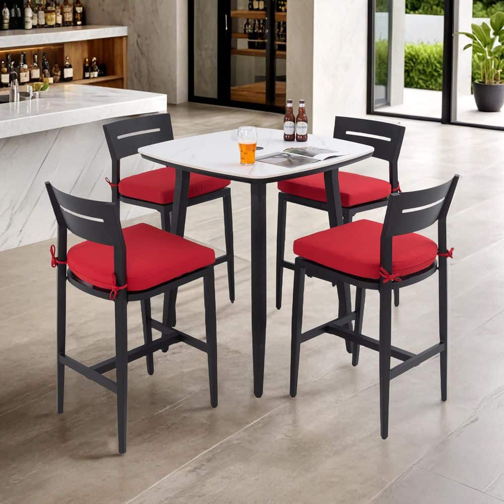 Black 5-Piece Aluminum Outdoor Bistro Set Modern with Red Cushion and 4-Stool Chairs price history on PriceWatchPro