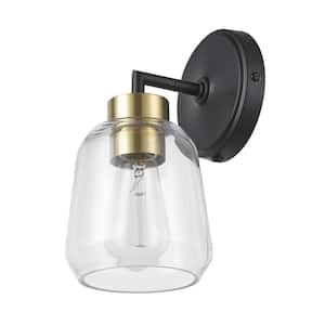 Salma 1-Light Matte Black Plug-In or Hardwire Wall Sconce with Antique Brass Socket and Clear Glass Shade