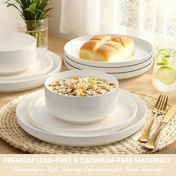 Wudkey 12 Pieces Cream White Ceramic Dinnerware Sets for 4, Plates