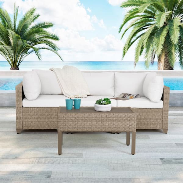 TK CLASSICS Maui 4-Piece Metal Patio Conversation Set with Linen White Cushions