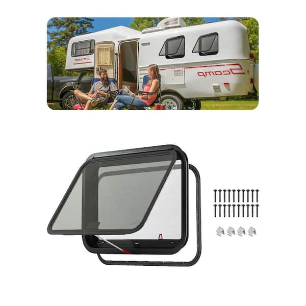 SKYSHALO RV Exit Window, 30 in. W x 20 in. H Tinted RV Window with Net Screen and Trim Ring, RV Window Replacement