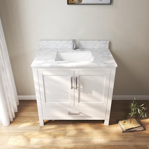 36 in. W x 22 in. D x 35 in. H Single Sink Bath Vanity Cabinet in White with Cultured Marble Top