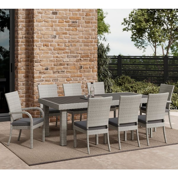 9-Piece Gray Wicker Outdoor Dining Set with Gray Cushions, Rectangular Table with PS Wood Top, Seats 8
