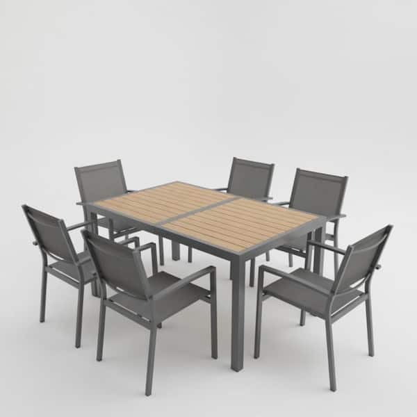 7 Piece Grey  Patio Dining Set with Rustproof Aluminum Frame for Backyard Deck Poolside