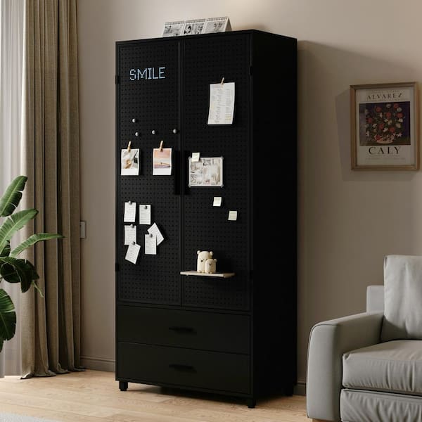 FUFU&GAGA Black 31.5 in. W, Garage Kitchen Storage Cabinet with With Perfboard Door, Drawers