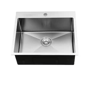 Silver Stainless Steel 25 in. Single Bowl Drop-In Kitchen Sink with Bottom Grid
