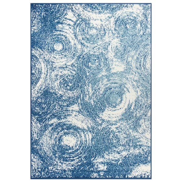 World Rug Gallery Contemporary Distressed Circles Blue 5 ft. x 7 ft. Area Rug