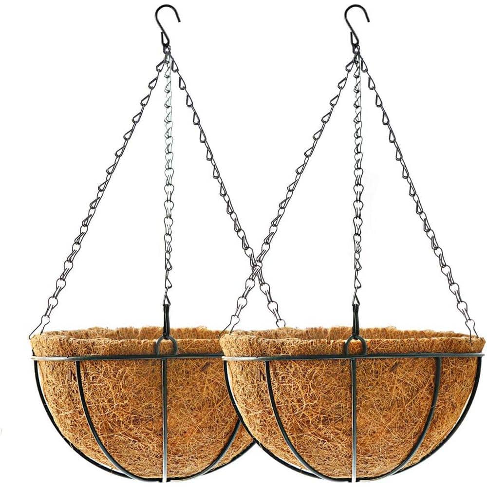 14 in. Brown Round Metal Hanging Basket Planter with Coco Fiber Liners (2-P