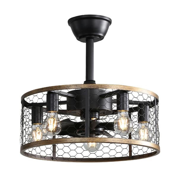Jushua 20 in. Indoor Black Industrial Caged Ceiling Fan with 7-ABS Blades Remote Control, Small Ceiling Fan Reversible