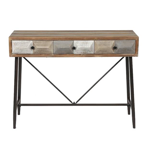 LuxenHome Rustic Mid-Century 44 in. Natural Wood Standard Rectangle Wood 3-Drawer Console Table